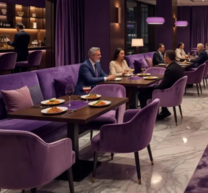 Modern éttermi enteriőr elegáns pókerasztallal és beszélgető vendégekkel
