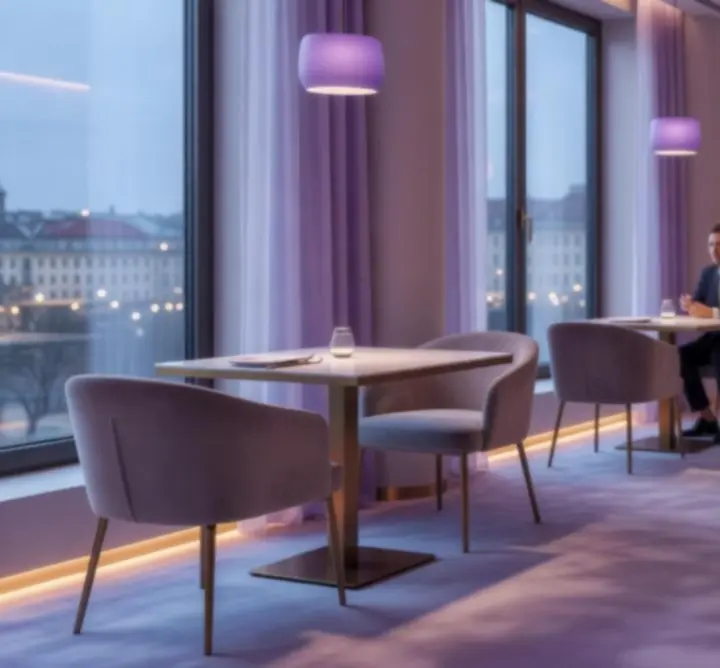 Elegáns, világos és levendula árnyalatú éttermi enteriőr a Magyar Event Hubban